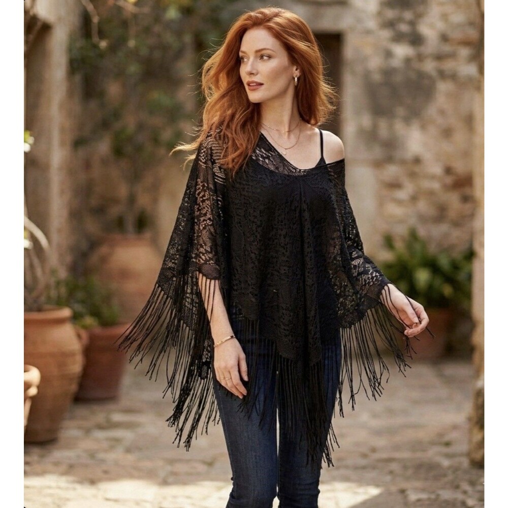 Gina Group Black Solid Knit Fringe Shawl Wrap for Women’s Boho Minimalist 35X35